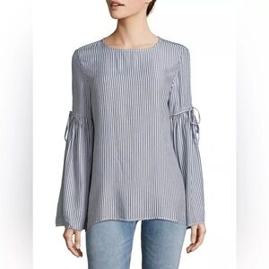 Beachlunchlounge Striped Bell Sleeve Boho Popover Blouse Women's Medium Blue